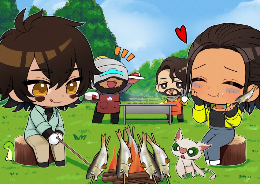 2boys 2girls absurdres akirai_(akry555) animification apex_legends apron assault_visor beard black_footwear black_gloves black_pants blue_pants blue_shirt brown_eyes brown_hair brown_pants brown_shirt collared_shirt conduit_(apex_legends) dark-skinned_female dark-skinned_male dark_skin eating echo_(apex_legends) facial_hair fingerless_gloves fish freckles gloves grass grey_bandana grey_pants helmet highres jacket licking_lips mirage_(apex_legends) multiple_boys multiple_girls nessie_(respawn) newcastle_(apex_legends) orange_apron orange_shirt pants park red_apron shirt skewer smile tongue tongue_out tree vantage_(apex_legends) white_footwear white_gloves yellow_jacket