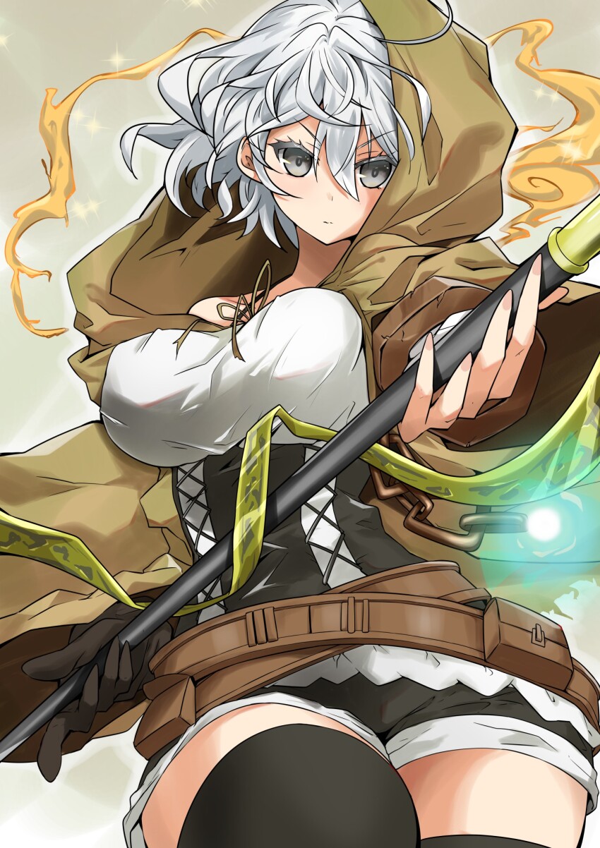1girl ahoge breasts brown_cloak cloak duel_monster gloves grey_eyes highres holding holding_staff hooded_robe kamo_(riverside_kamo) looking_at_viewer lyna_(yu-gi-oh!) lyna_the_light_charmer open_clothes open_robe robe short_hair shorts single_glove solo staff thighhighs white_hair yu-gi-oh!
