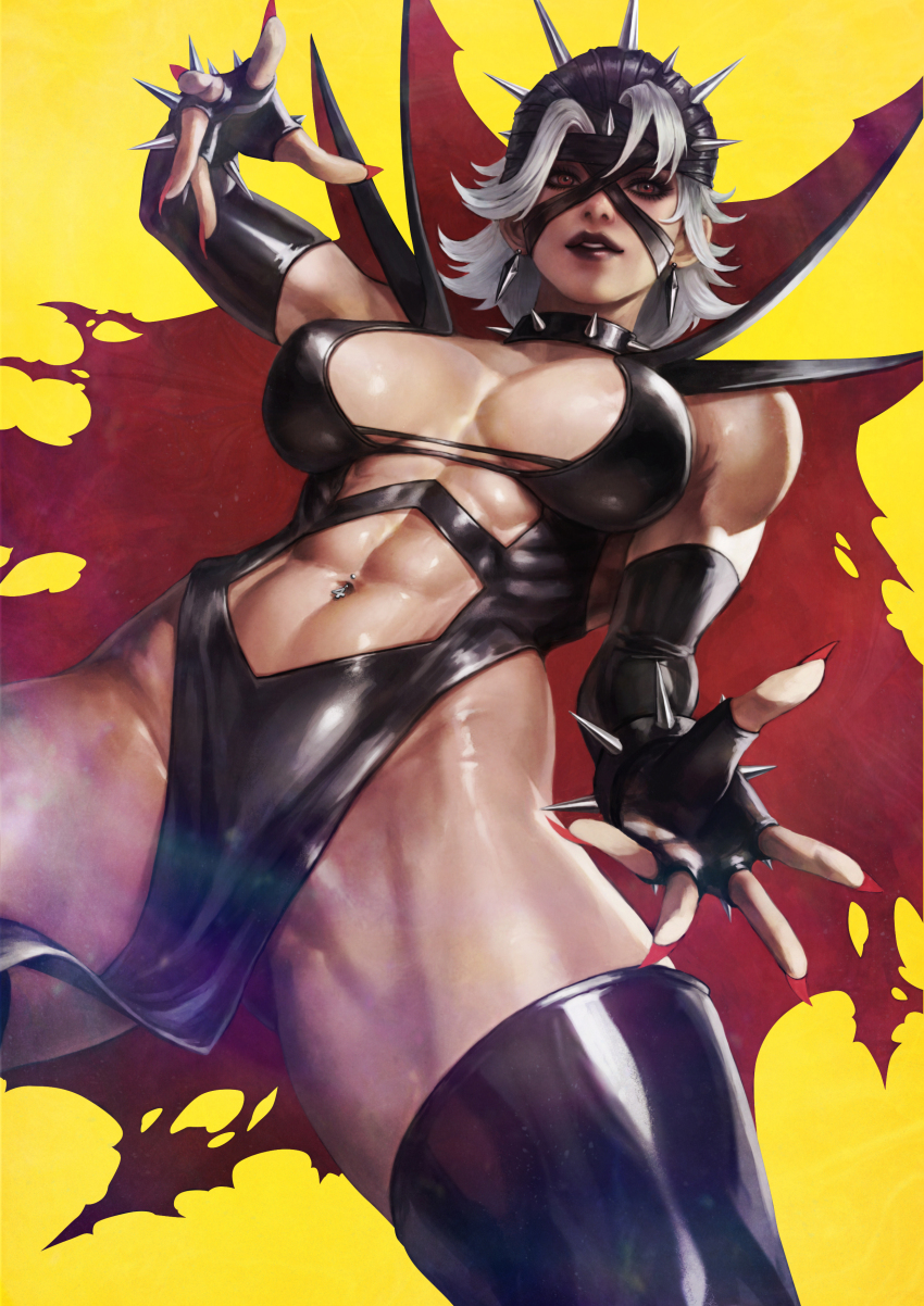 absurdres bracelet cape collar commentary earrings english_commentary fantastic_four fingernails highres jewelry malice_(sue_storm) marvel monori_rogue navel_piercing piercing red_nails sharp_fingernails spiked_bracelet spiked_collar spikes sue_storm white_hair yellow_background