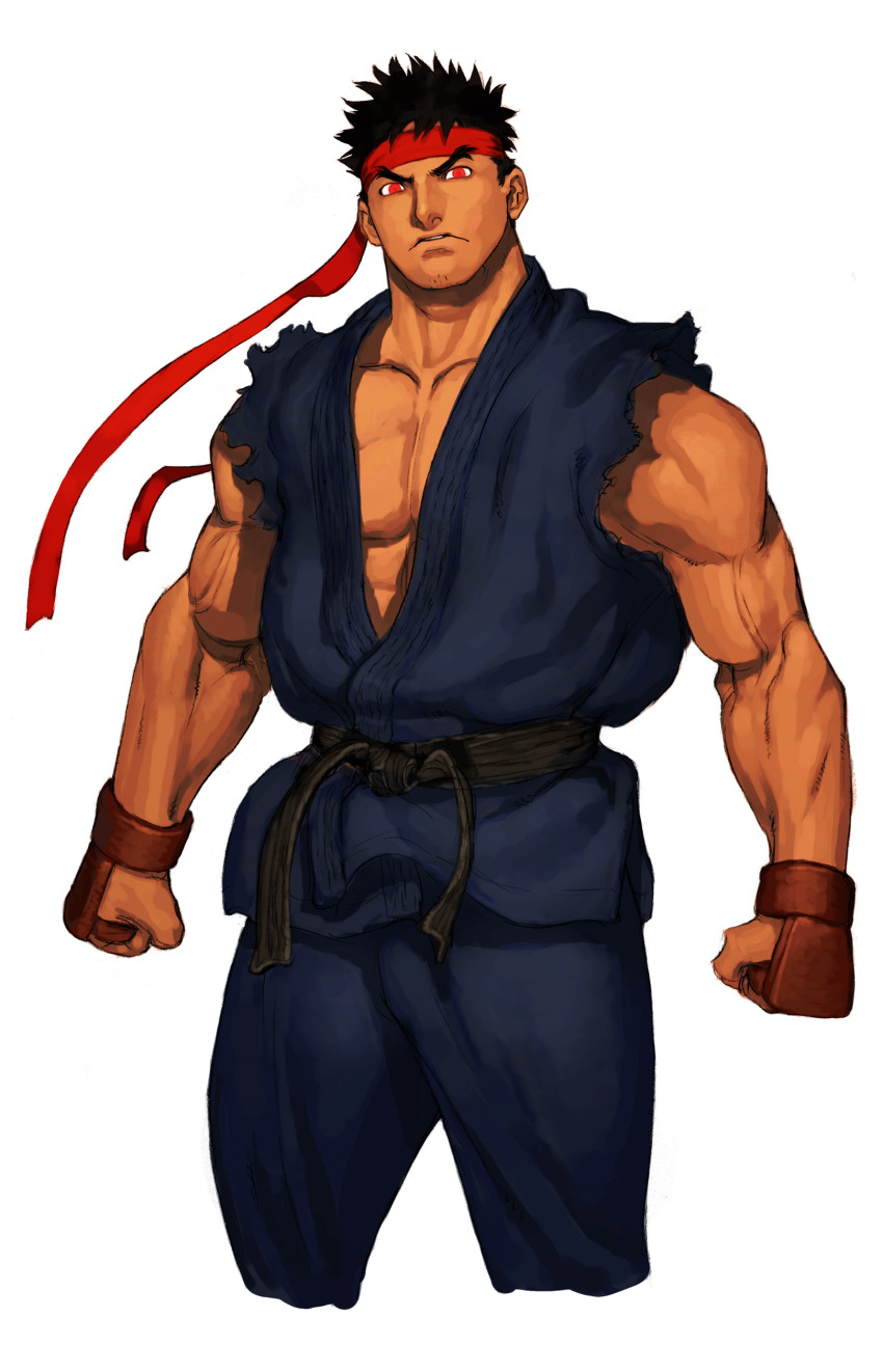 1boy absurdres black_hair capcom_vs_snk clenched_hands dark_persona dougi evil_ryu fingerless_gloves game_cg gloves hand_guard headband highres ikeno_daigo karate_gi looking_at_viewer male_focus martial_arts_belt mma_gloves muscular muscular_male non-web_source official_art red_eyes red_headband ryu_(street_fighter) short_hair simple_background solo street_fighter torn_clothes torn_sleeves veins veiny_arms white_background