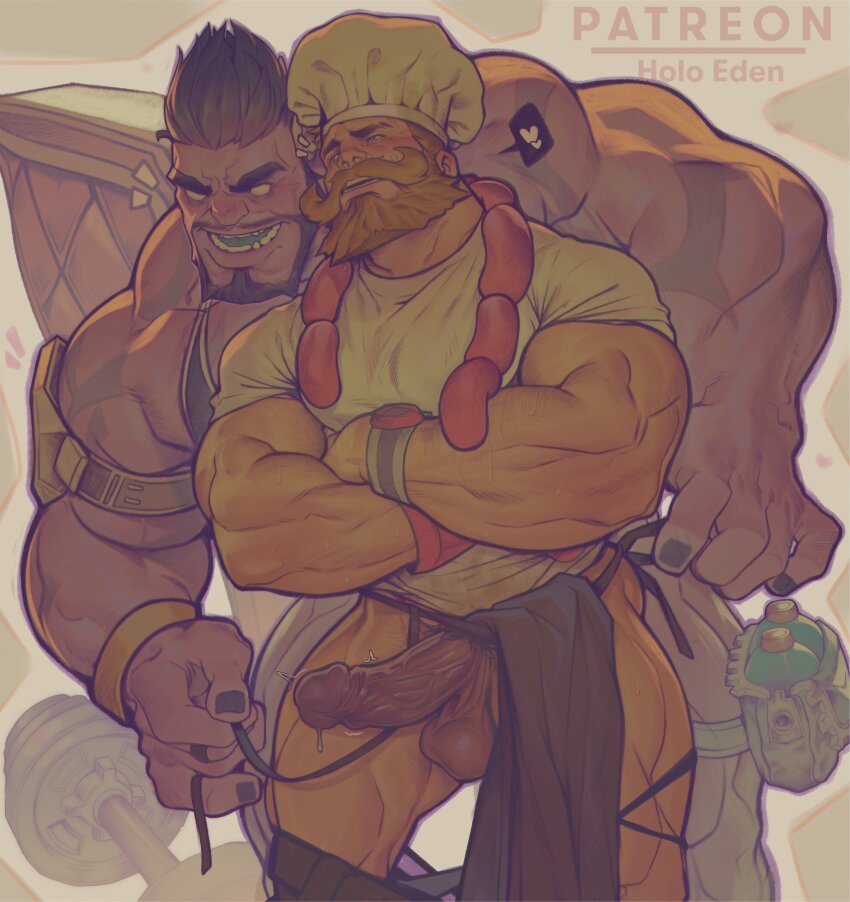 2boys absurdres apron beard black_apron black_hair chef_hat colored_skin crossed_arms dr._mundo erection facial_hair hat highres holo_eden league_of_legends male_focus multiple_boys mustache olaf_(league_of_legends) open_mouth penis purple_skin shirt short_hair testicles waist_apron watch white_shirt wristwatch yaoi