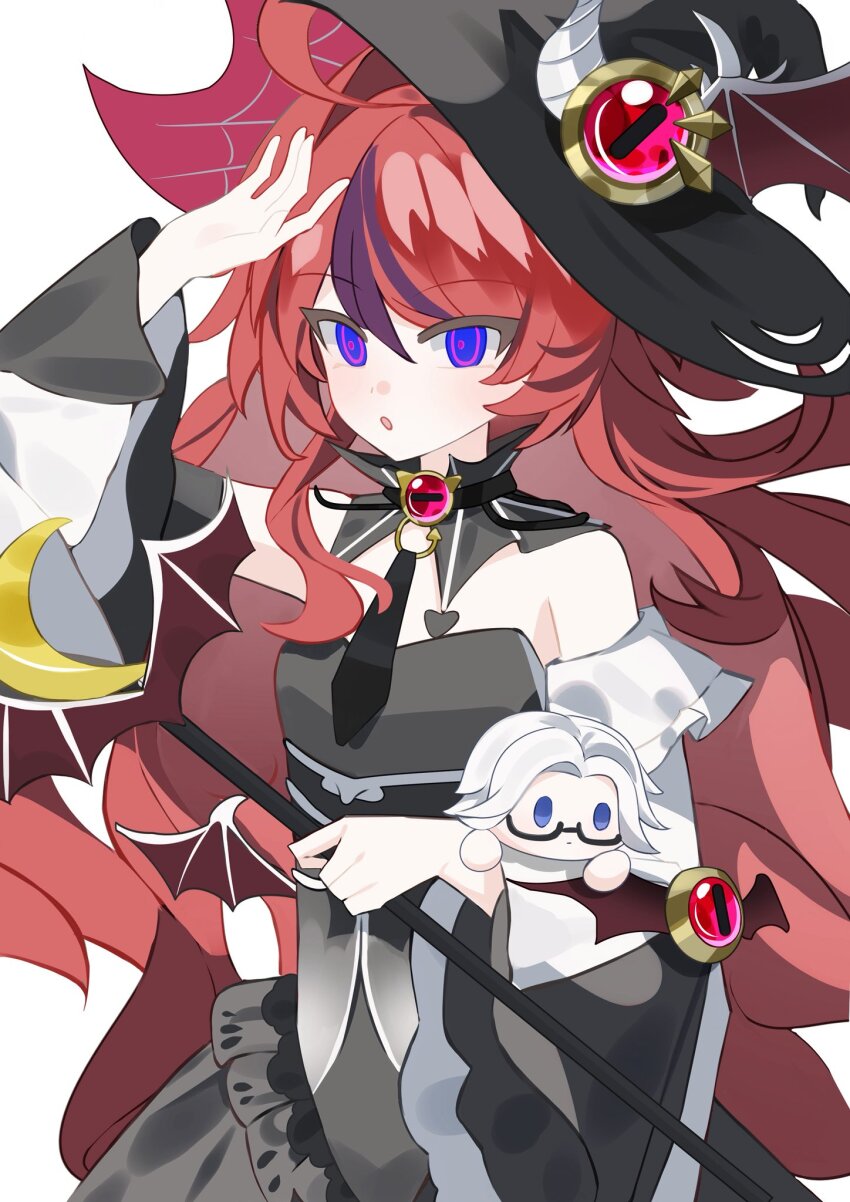 1boy 1girl aotsuki_eito bat_wings black_dress blue_eyes breasts detached_collar detached_sleeves dress genderswap genderswap_(mtf) glasses hair_between_eyes hand_up hat highres holding holding_chibi holding_staff long_hair long_sleeves multicolored_hair open_mouth parted_hair purple_hair red_eyes red_hair simple_background small_breasts staff streaked_hair sumino_takumi the_hundred_line_-last_defense_academy- white_background white_hair wings witch witch_hat