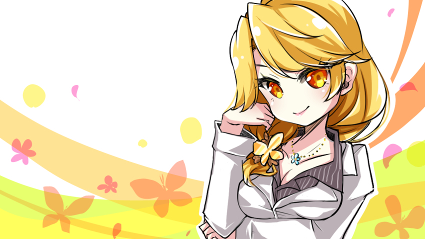 1girl alternate_costume alternate_hairstyle arm_under_breasts az_(colorb05) blonde_hair blush breasts butterfly_background butterfly_hair_ornament cleavage closed_mouth collarbone collared_shirt commentary_request curtained_hair floral_background flower flower_necklace gems_company grey_jacket grey_shirt hair_ornament hand_on_own_face head_tilt ichimonji_maya jacket jewelry lapels large_breasts long_hair long_sleeves looking_at_viewer low_ponytail necklace no_nose notched_lapels open_collar orange_background orange_eyes outline parted_bangs ponytail shirt smile solo striped_clothes striped_shirt thick_eyelashes upper_body virtual_youtuber white_background white_outline yellow_background