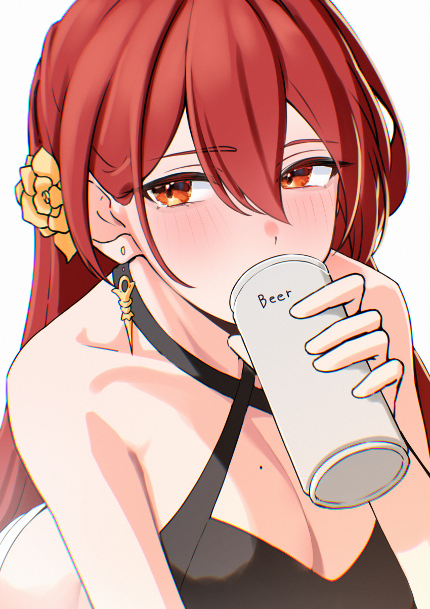 1girl absurdres alcohol beer_can bikini black_bikini blush breasts can cleavage collarbone drink_can drinking ear_piercing earrings eyebrows_hidden_by_hair eyes_visible_through_hair flower hair_flower hair_ornament half_updo highres himeko_(honkai:_star_rail) holding holding_can honkai:_star_rail honkai_(series) jewelry long_hair looking_at_another mole mole_under_eye piercing pyeong_il red_eyes swimsuit very_long_hair white_background yellow_eyes