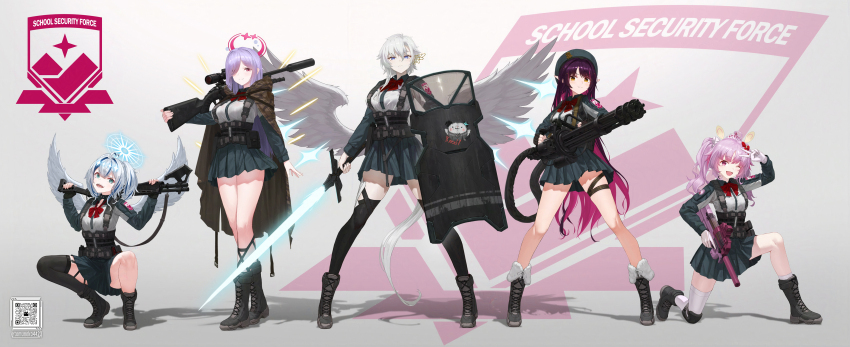 5girls absurdres ahoge amano_serafi amoria_(vtuber) aqua_eyes beret black_boots black_gloves black_skirt black_thighhighs blue_eyes blue_hair boots bow bowtie breasts camouflage_cloak closed_mouth collared_shirt colored_inner_hair commission dual-mode_shotgun fingerless_gloves gatling_gun gloves grey_boots grey_hair grey_hat gun hair_between_eyes hair_bow hair_over_one_eye halo hat highres holding holding_gun holding_shield holding_sword holding_weapon holstered lace-up_boots leg_ribbon liora_walkyria logo long_hair long_sleeves minigun multicolored_hair multiple_girls on_one_knee one_eye_closed open_mouth over_shoulder penelope_wiseman pink_eyes pink_hair pleated_skirt pointy_ears pump-action_shotgun pump_action purple_hair qr_code red_bow red_bowtie ribbon rifle semi-automatic_shotgun shadow shield shirt short_hair shotgun single_thighhigh skeb_commission skirt sniper_rifle socks solo spas-12 squatting streaked_hair sword thigh_ribbon thighhighs tiara tom-neko_(zamudo_akiyuki) trigger_discipline twintails twitter_username v v&amp;u_entertainment virtual_youtuber weapon weapon_over_shoulder white_gloves white_shirt white_socks white_wings wings yellow_eyes yurikago_kokone zipper