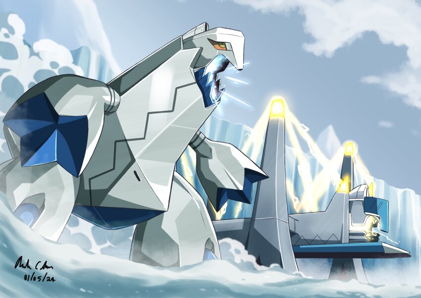 absurdres all_fours alternate_color archaludon colored_sclera colored_skin cube dragon duraludon evolutionary_line gen_8_pokemon grey_armor grey_skin highres ice innovator123 nintendo no_humans non-humanoid_robot pokemon robot shiny_pokemon steel tail yellow_sclera