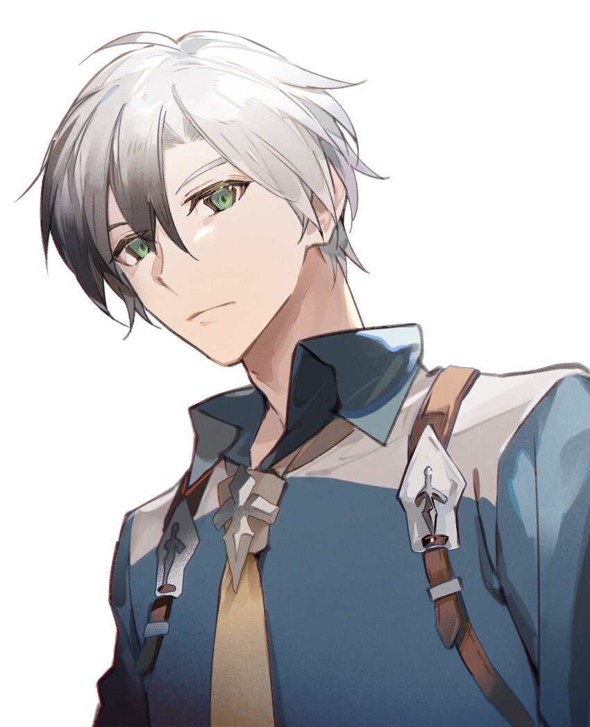 1boy ascot black_hair blue_shirt closed_mouth dress_shirt green_eyes hair_between_eyes highres ludger_will_kresnik male_focus multicolored_hair necktie shirt short_hair simple_background solo tales_of_(series) tales_of_xillia tales_of_xillia_2 two-tone_hair upper_body white_background white_hair xing_20 yellow_necktie