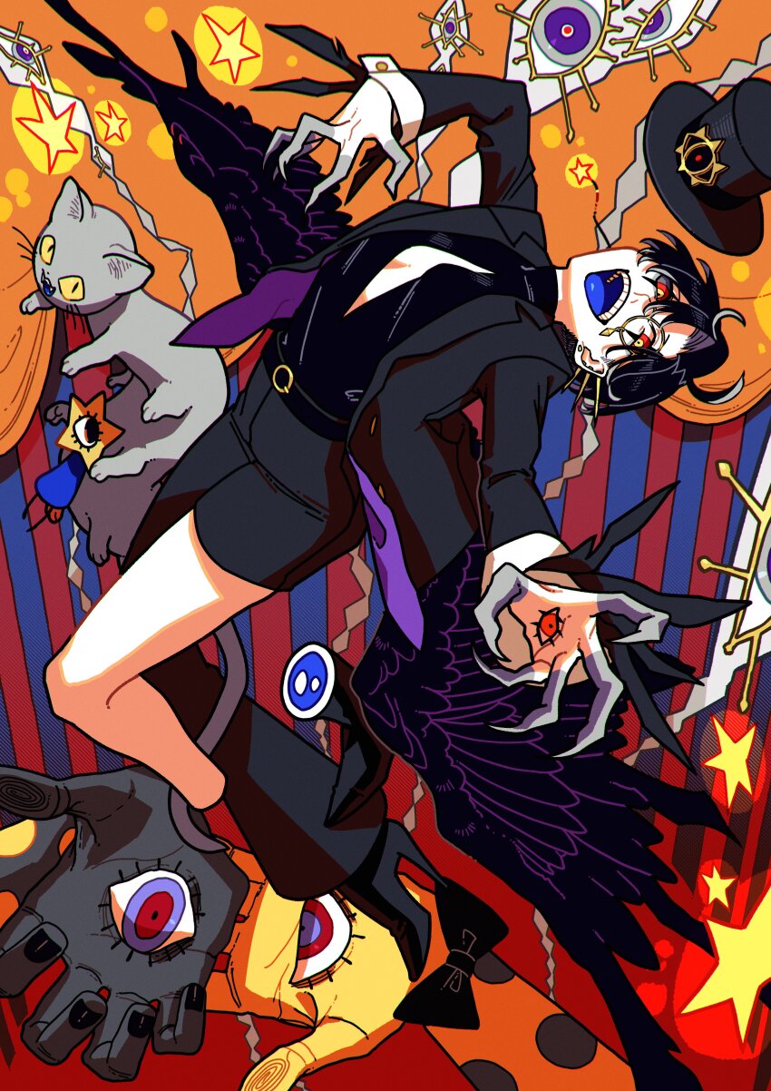 1girl absurdres animal asymmetrical_legwear black_hair black_shirt black_suit black_wings blue_tongue cat colored_sclera colored_tongue disembodied_hand extra_eyes feathered_wings formal_clothes full_body grey_sclera hat highres looking_at_viewer low_wings mismatched_sclera momomo_906 multicolored_eyes original red_eyes shirt short_hair solo suit top_hat uneven_legwear unworn_headwear wings yellow_eyes