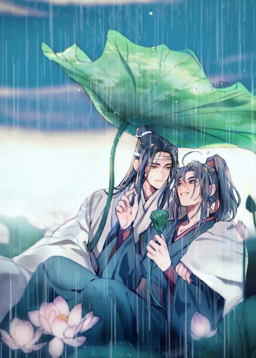 2boys ahoge black_hair black_hanfu chinese_clothes flower grey_eyes hair_ribbon hanfu headband highres holding holding_leaf hug korean_commentary lan_wangji leaf leaf_umbrella lily_pad long_hair looking_at_another lotus lotus_pod male_focus modao_zushi multiple_boys outdoors pink_flower ponytail rain red_ribbon ribbon sidelocks sitting smile to_dot topknot wei_wuxian wet white_hanfu white_headband wide_sleeves xiao_guan_(headdress) yaoi yellow_eyes