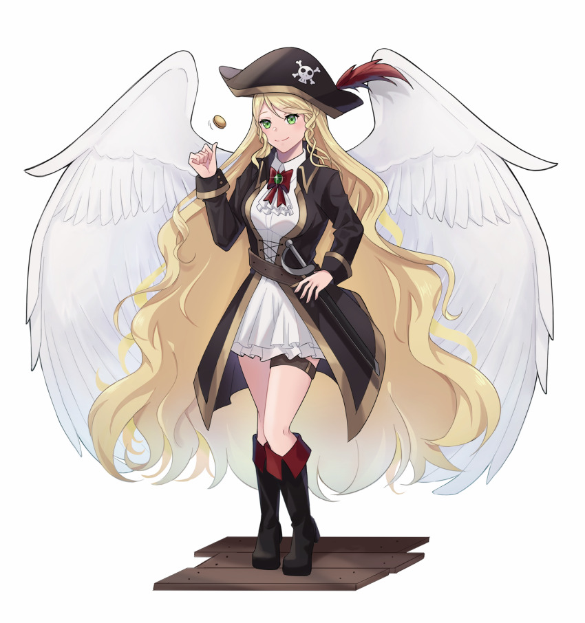 1girl alternate_costume angel_wings ascot blonde_hair bow bowtie commission commissioner_upload feathered_wings feathers fire_emblem fire_emblem:_path_of_radiance fire_emblem:_radiant_dawn green_eyes hat highres leanne_(fire_emblem) legband long_hair looking_at_viewer nintendo pirate pirate_hat smile sword very_long_hair weapon white_background wings witchi