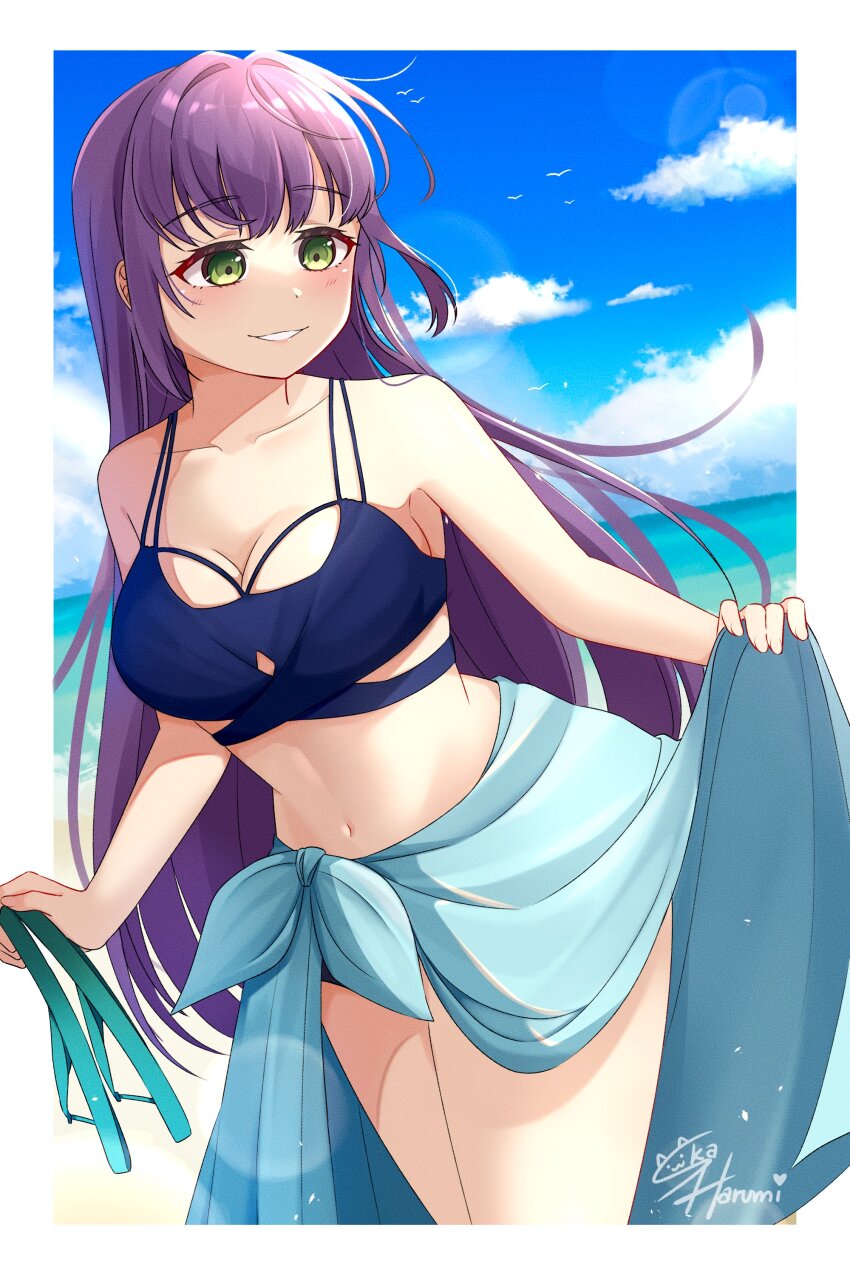 1girl absurdres artist_name bikini blue_bikini blue_sarong blue_sky border breasts cleavage cloud collarbone commentary_request cowboy_shot green_eyes grin hair_down highres holding holding_sandals large_breasts link!_like!_love_live! long_hair love_live! midriff multi-strapped_bikini_top navel official_alternate_costume official_alternate_hairstyle otomune_kozue otomune_kozue_(swimsuit) outdoors outside_border purple_hair sandals sarong sarong_hold sidelocks signature ska.harumi sky smile solo swimsuit virtual_youtuber white_border