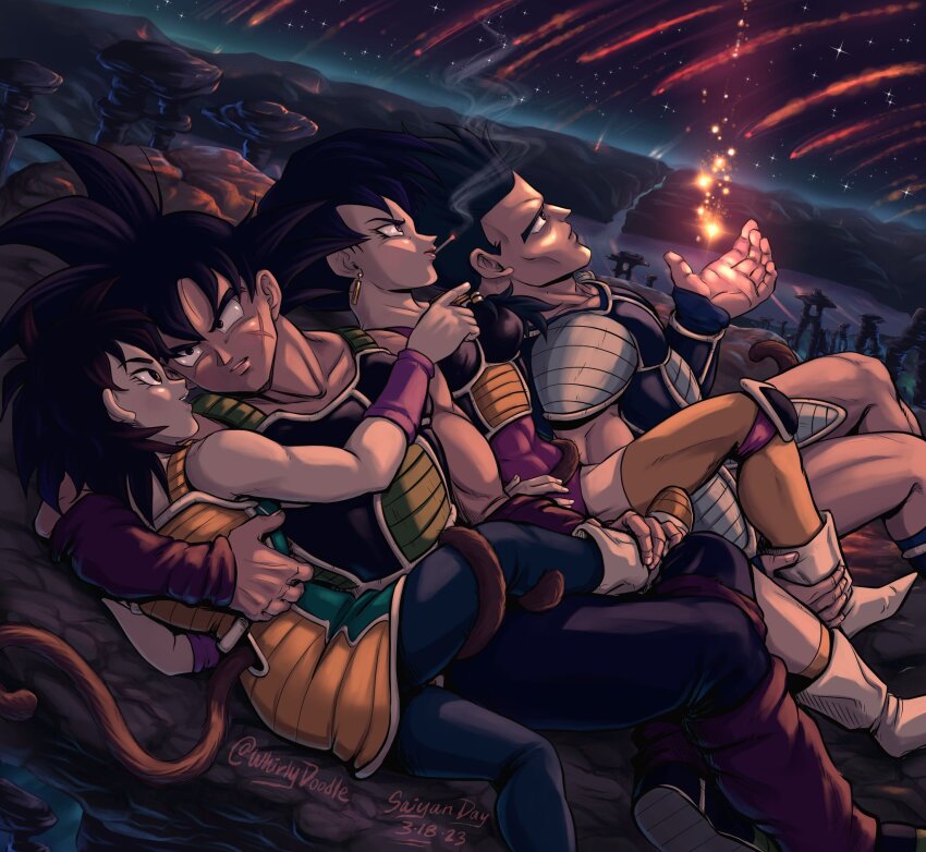 2boys 2girls armor bardock black_eyes black_hair commentary dated dragon_ball dragon_ball_minus dragonball_z earrings english_commentary gine hetero highres hoop_earrings husband_and_wife jewelry lying monkey_tail multiple_boys multiple_girls muscular muscular_male on_back pointing saiyan_armor seripa shooting_star short_hair shoulder_armor signature tail tail_around_another&#039;s_leg toma_(dragon_ball) v-shaped_eyebrows whirlydoodle
