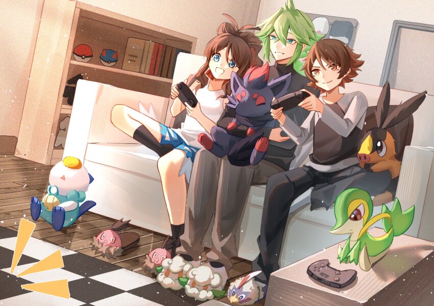 1girl 2boys animal_slippers black_pants blue_eyes bookshelf brown_eyes brown_hair character_request checkered_carpet commentary_request controller couch game_controller gen_5_pokemon great_ball grey_hair hat highres hilbert_(pokemon) hilda_(pokemon) indoors kneehighs long_hair long_sleeves looking_up multiple_boys n_(pokemon) nintendo oshawott pants playing_games poke_ball pokemon pokemon_(creature) pokemon_bw ponytail short_hair short_shorts shorts single_slipper slippers snivy socks tank_top tepig unworn_hat unworn_headwear vullaby white_socks wildou_p zorua