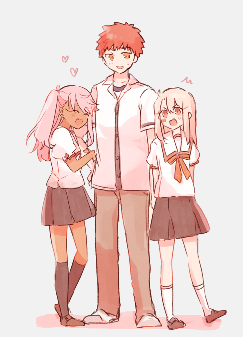 1boy 2girls arm_at_side arm_hug arms_behind_back black_skirt black_socks blonde_hair blue_pants brown_footwear brown_pants chloe_von_einzbern closed_eyes dress emiya_shirou fang fate/kaleid_liner_prisma_illya fate_(series) full_body grey_background hand_on_own_hip hands_up heart highres homurabara_academy_school_uniform illyasviel_von_einzbern kneehighs loafers long_hair long_sleeves multiple_girls one_side_up open_mouth orange_hair pant pants pinafore_dress pink_hair puffy_short_sleeves puffy_sleeves red_eyes saihara school_uniform shirt shoes short_sleeves simple_background skirt sleeveless sleeveless_dress smile socks surprised sweatdrop white_shirt white_socks yellow_eyes