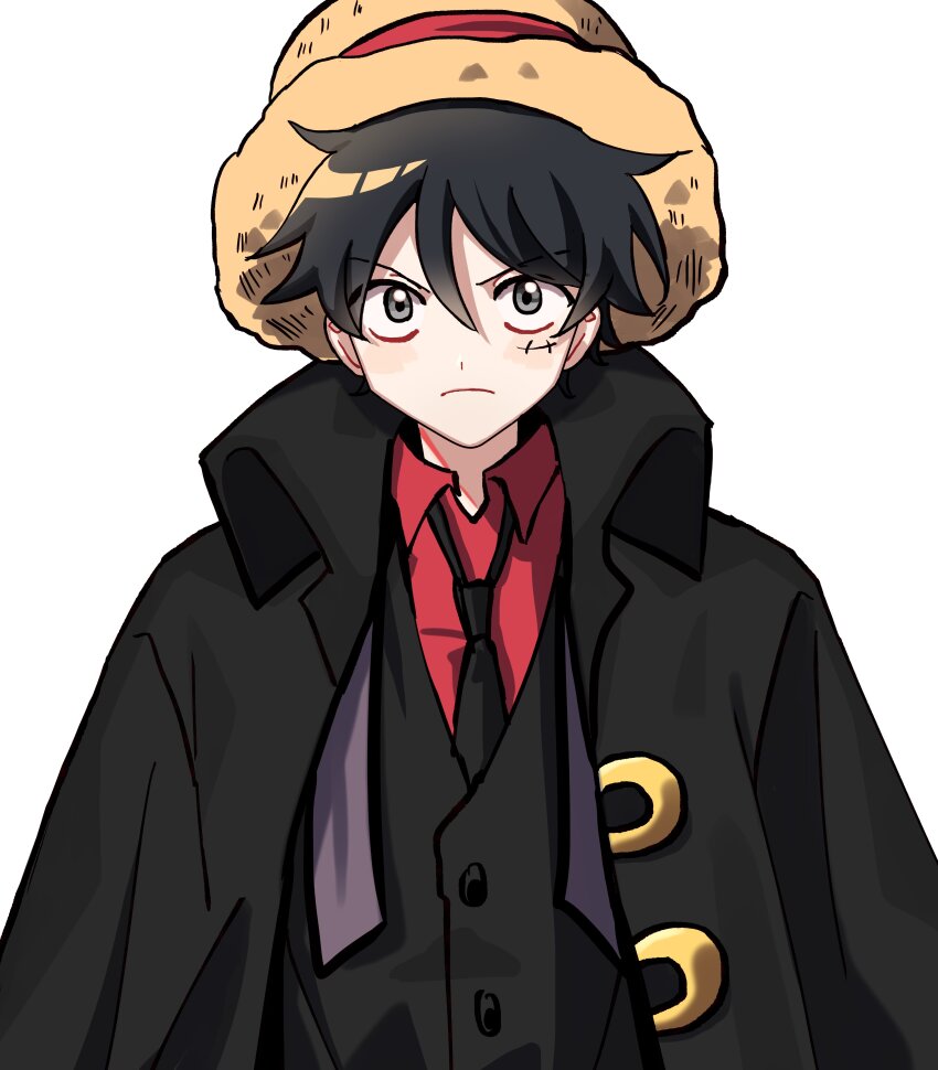 1boy absurdres black_coat black_hair black_necktie closed_mouth coat coat_on_shoulders collared_coat commentary formal_clothes hat highres kasuga_kaya male_focus monkey_d._luffy necktie one_piece one_piece:_strong_world red_shirt scar scar_on_face shirt short_hair simple_background solo straw_hat suit white_background