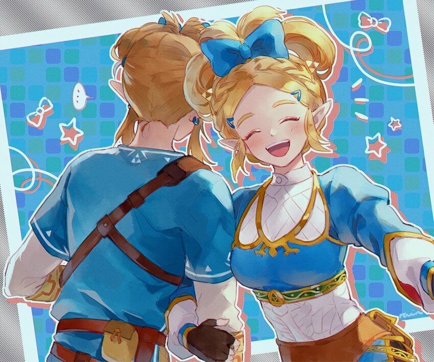 ... 1boy 1girl alternate_hairstyle belt blonde_hair blue_background blue_bow blue_tunic blush bow braid brown_belt champion&#039;s_tunic_(zelda) closed_eyes commentary crown_braid earrings facing_viewer from_behind gold_trim hair_bow hair_ornament hairclip holding_another&#039;s_arm jewelry layered_sleeves link long_hair long_sleeves matching_hairstyle nintendo open_mouth outline pointy_ears pouch princess_zelda rain_rkgk short_over_long_sleeves short_sleeves shoulder_belt smile spoken_ellipsis star_(symbol) symbol-only_commentary teeth the_legend_of_zelda the_legend_of_zelda:_breath_of_the_wild tunic upper_body upper_teeth_only white_outline