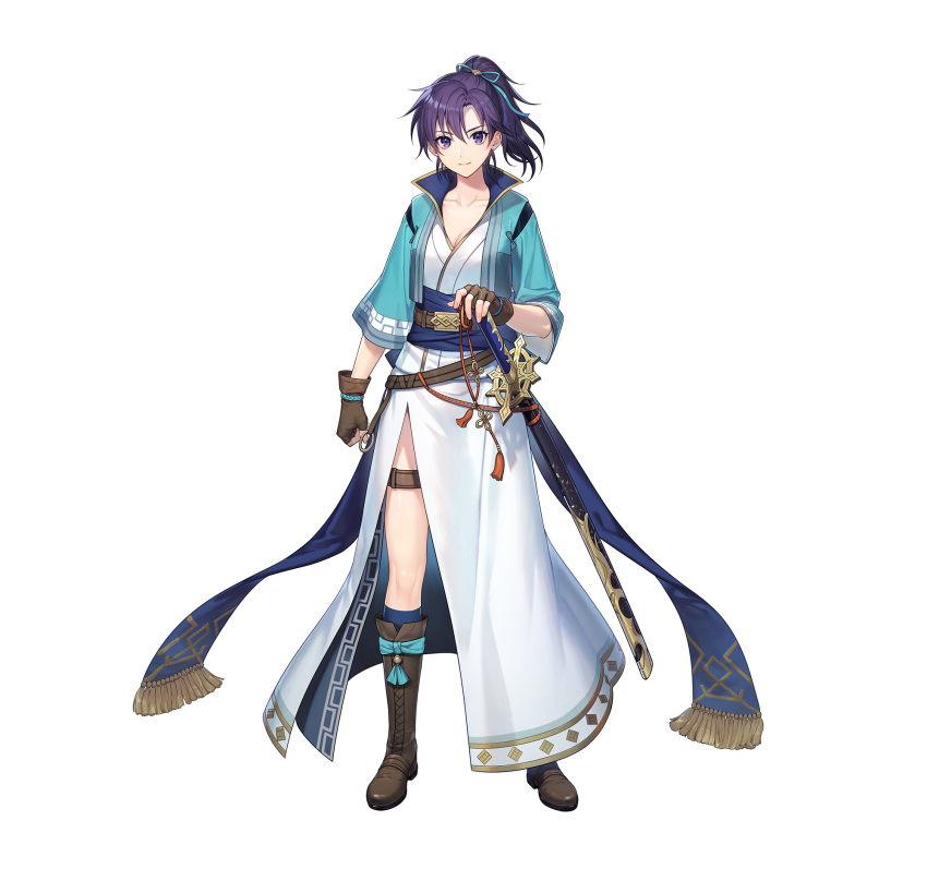 1girl boots bow bowtie breasts cleavage clenched_hand collarbone commentary_request fingerless_gloves fir_(fire_emblem) fir_(swordmaiden)_(fire_emblem) fire_emblem fire_emblem:_the_binding_blade fire_emblem_heroes full_body gloves highres japanese_clothes kiyu_(zuyu) knee_boots long_hair medium_breasts nintendo obi official_art ponytail purple_eyes purple_hair sash sheath sheathed short_sleeves side_slit solo standing sword thigh_strap transparent_background weapon