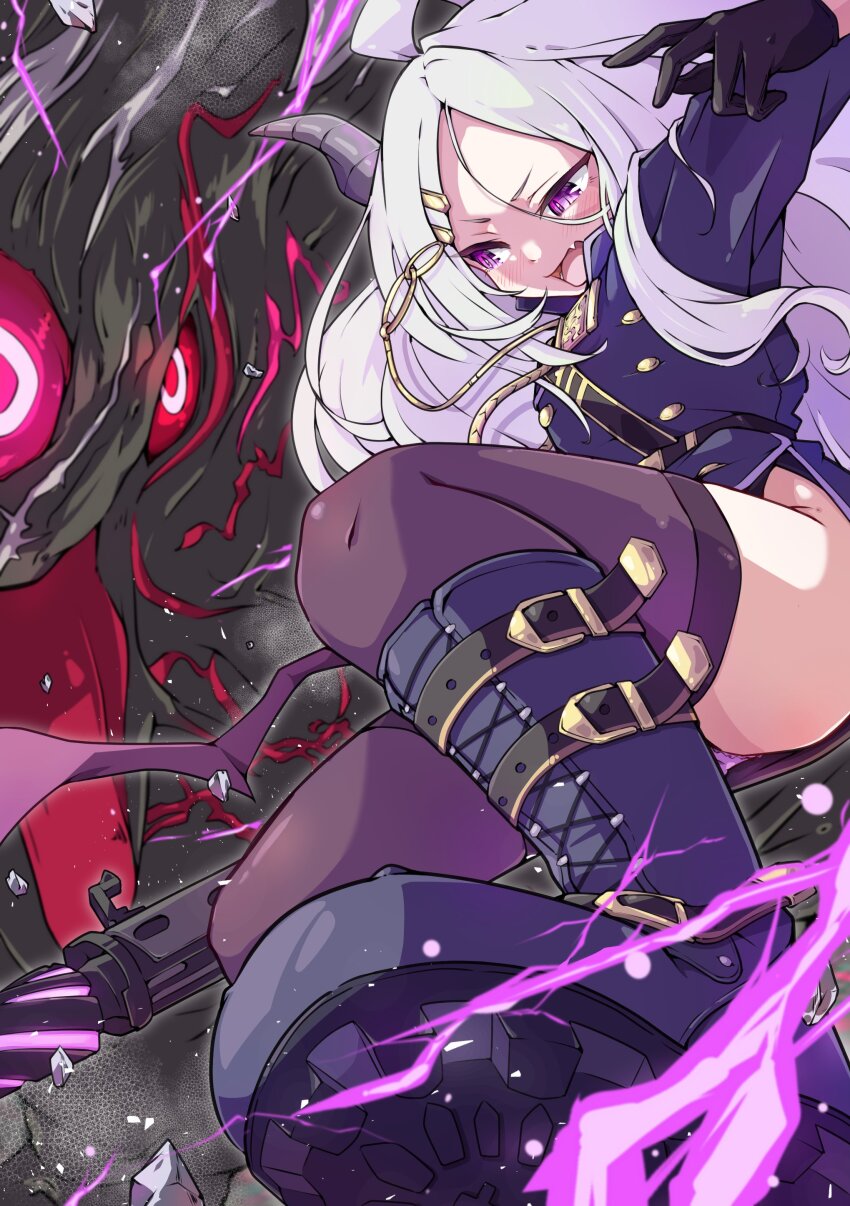 1girl absurdres ahoge ass battle black_gloves black_skirt black_thighhighs blue_archive blush boots commentary_request demon_girl demon_horns demon_wings gloves hair_ornament hairclip highres hina_(blue_archive) horns kurokage_(blue_archive) long_hair mosuke1221 purple_eyes skirt solo thighhighs thighs white_hair wings zettai_ryouiki