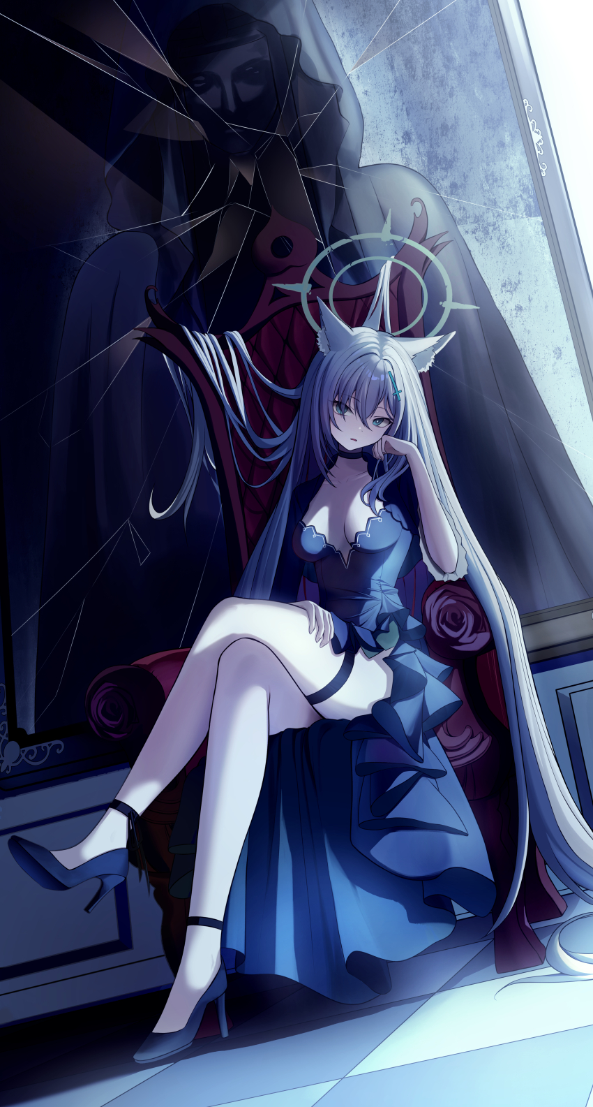 1girl absurdres animal_ears black_dress black_halo black_shoes blue_archive blue_eyes breasts broken_halo choker cleavage commentary cross cross_hair_ornament crossed_legs dress grey_hair hair_between_eyes hair_ornament halo high_heels highres hong_su0 long_hair open_mouth parted_lips phrenapates_(blue_archive) shiroko_(blue_archive) shiroko_terror_(blue_archive) shoes thigh_strap very_long_hair wolf_ears wolf_girl