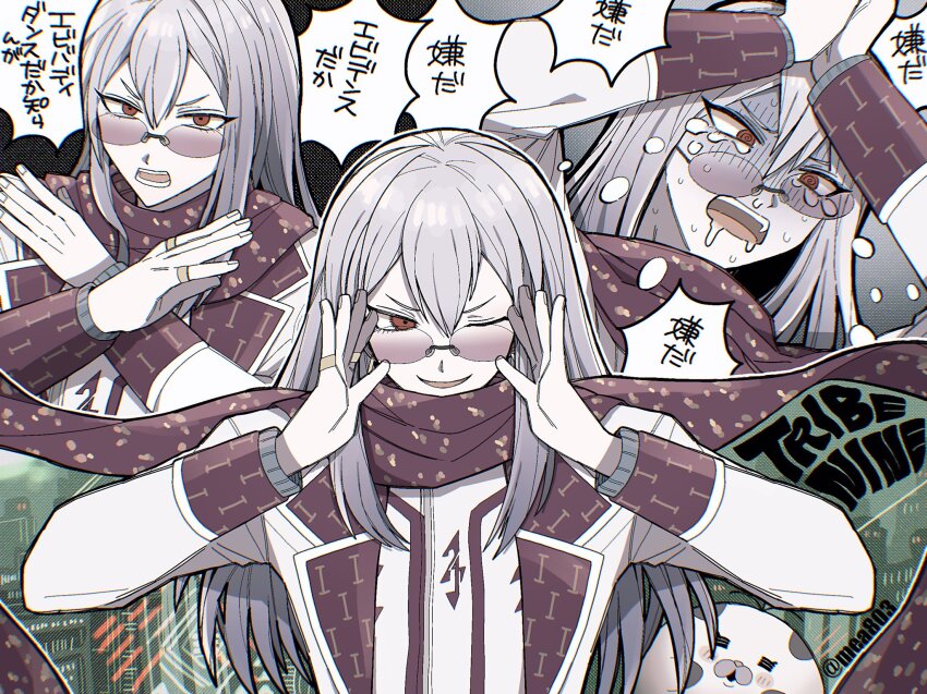 1boy =_= adjusting_eyewear arms_up brown_scarf cityscape crying crying_with_eyes_open glasses gloom_(expression) grey_hair hands_up highres ichinose_kazuma jacket jewelry long_hair male_focus mea-miyu multiple_views one_eye_closed open_clothes open_jacket open_mouth own_hands_clasped own_hands_together red_eyes ring scarf snot speech_bubble tears teeth tribe_nine twitter_username white_jacket x_arms zero_(plush)_(tribe_nine) zero_(tribe_nine)