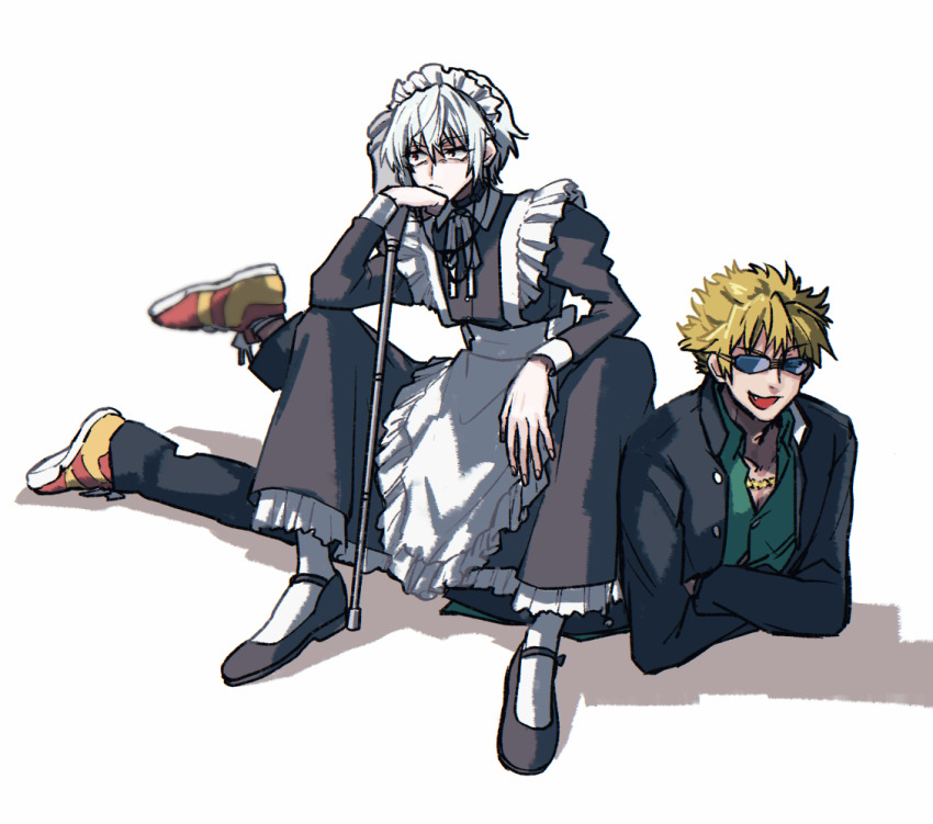 2boys a_certain_high_school_uniform accelerator_(toaru_majutsu_no_index) albino alternate_costume androgynous annoyed apron black_choker black_dress black_footwear black_jacket black_pants blonde_hair cane choker crossdressing dress electrodes frilled_apron frills frown full_body green_shirt holding holding_cane holding_crutch jacket knees_up long_sleeves looking_to_the_side maid maid_apron maid_headdress male_maid mary_janes multiple_boys neck_ribbon open_mouth pale_skin pants puffy_sleeves red_eyes ribbon sanpaku school_uniform shadow shirt shoes short_hair sitting sitting_on_person smile sneakers spiked_hair squatting sunglasses t_(ttkxxx) toaru_majutsu_no_index toaru_majutsu_no_index:_old_testament tsuchimikado_motoharu waist_apron white_apron white_background white_hair yellow_shoes
