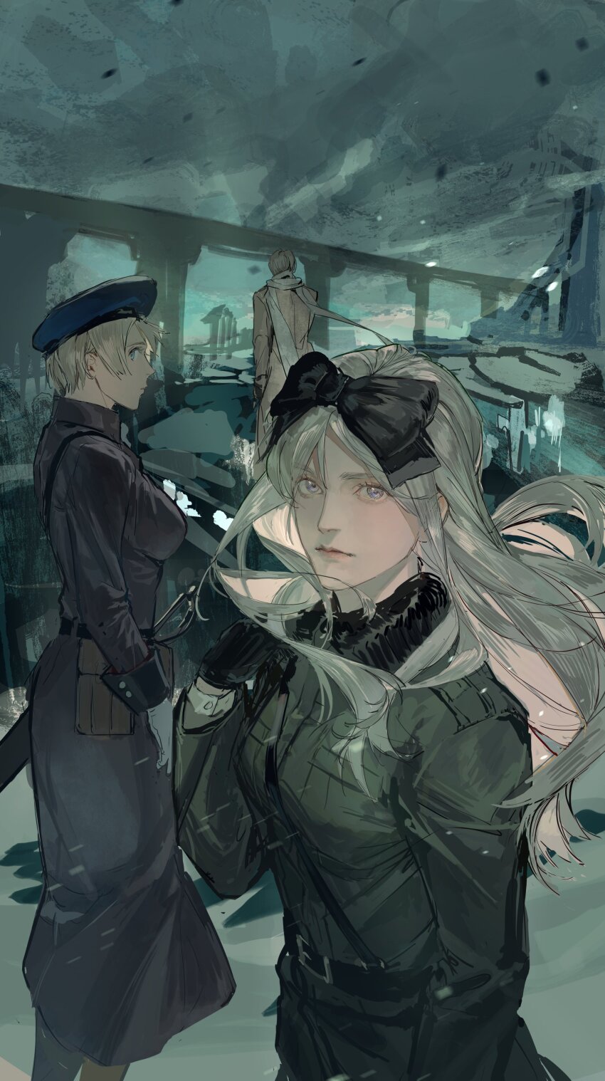 1boy 2girls absurdres axis_powers_hetalia back belarus_(hetalia) belt beret black_belt black_bow black_coat black_gloves blonde_hair blue_eyes blue_hat boots bow breast_pocket breasts bridge brother_and_sister brown_boots brown_coat chinese_commentary closed_mouth coat commentary_request floating_clothes floating_hair from_side fur-trimmed_coat fur_trim gloves grey_hair grey_sky hair_bow hand_up hat highres lips long_hair long_sleeves looking_at_viewer medium_breasts multiple_girls outdoors pocket purple_eyes russia_(hetalia) scarf short_hair siblings sisters sky standing ukraine_(hetalia) white_gloves white_scarf zhongerweiyuan