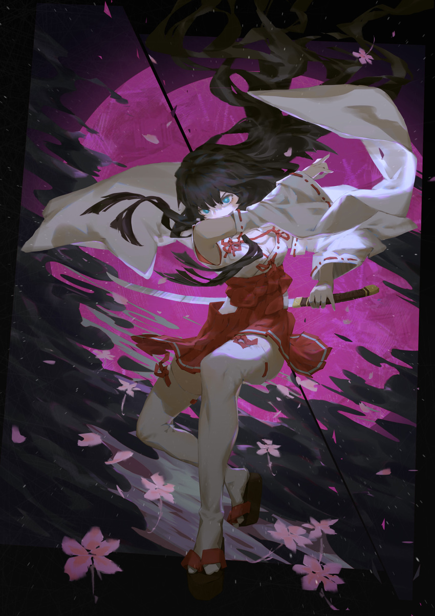 1girl black_clouds black_hair blue_eyes blunt_ends commentary_request detached_sleeves egasumi falling_leaves female_focus hair_blowing hakama hakama_skirt highres holding holding_sword holding_weapon japanese_clothes katana king&#039;s_raid lace-trimmed_sleeves lace_trim leaf long_hair miko moon okobo platform_sandals red_moon sandals seria_(king&#039;s_raid) skirt solo split_image spongeman9214 sword very_long_hair vlh weapon