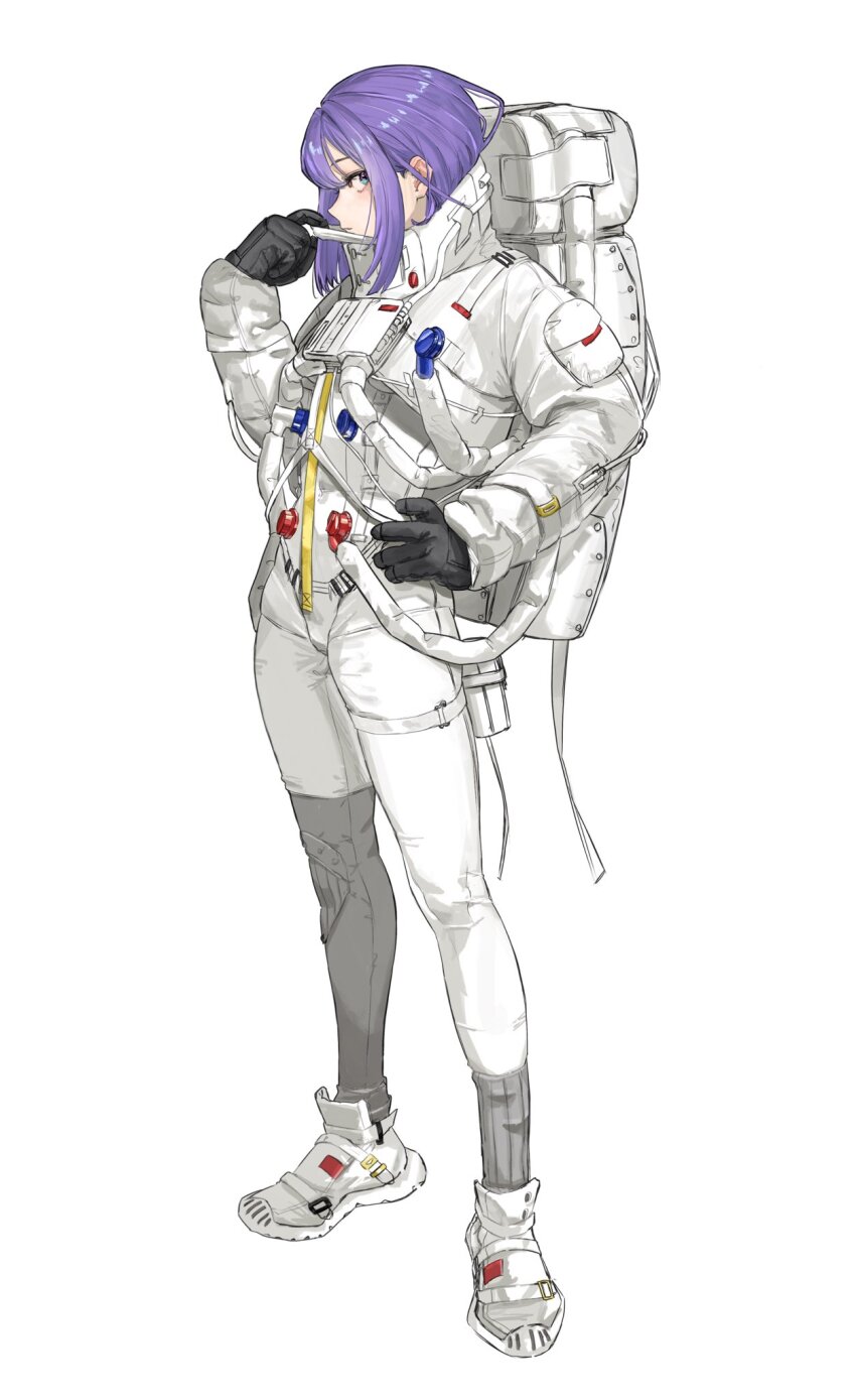 1girl astronaut backpack bag blue_eyes bodysuit closed_mouth full_body gloves hair_behind_ear hand_on_own_hip hand_up high_collar highres legs_apart long_sleeves looking_at_viewer mask_pull original pouch profile puffy_sleeves purple_hair sawatani_(_swt2) shoes short_hair shoulder_pouch sidelocks sideways_glance simple_background sneakers solo spacesuit standing thigh_pouch tube white_background white_shoes