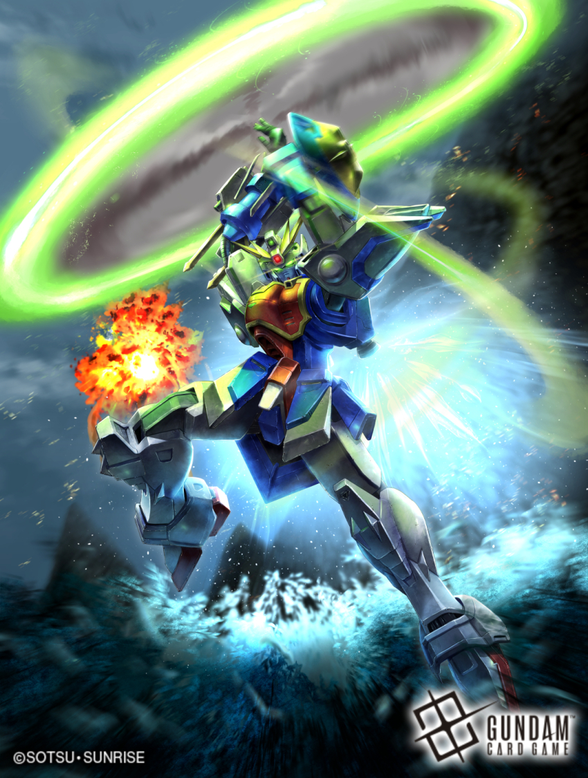 arm_shield beam_lance card_(medium) copyright_logo copyright_name copyright_notice energy_lance gundam gundam_card_game gundam_wing highres holding holding_weapon logo mecha mobile_suit no_humans official_art robot shenlong_gundam soezy v-fin weapon