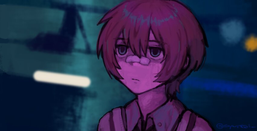 1girl amate_yuzuriha bandage_on_nose bandaid bandaid_on_face bandaid_on_nose blade_runner_(series) blade_runner_2049 blue_eyes collared_shirt empty_eyes gundam gundam_gquuuuuux half-closed_eyes highres meme movie_reference ontan portrait red_hair scene_reference school_uniform shirt short_hair solo you_look_lonely_(meme)
