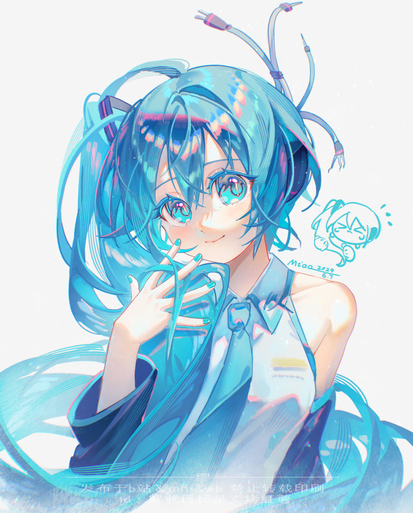 &gt;_&lt; 1girl absurdres aqua_eyes aqua_hair aqua_nails aqua_necktie bare_shoulders black_sleeves blue_eyes blue_hair blue_nails blue_necktie chibi chibi_inset closed_mouth collared_shirt commentary_request detached_sleeves hair_between_eyes hand_up hatsune_miku headphones highres jiuye_mubiao_shi_mai_kao_hongshu long_hair looking_at_viewer meme necktie shirt sidetail_miku_noodle_stopper_(meme) simple_background sleeveless sleeveless_shirt smile solo twintails upper_body very_long_hair vocaloid white_background