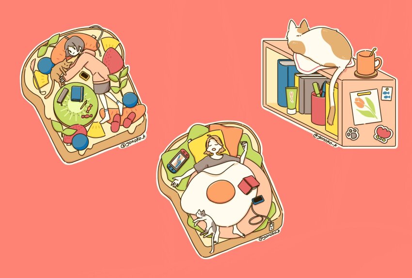 2girls ahoge bare_arms barefoot black_shirt book bread bread_slice brown_hair cable cat cellphone coaster cup flower food fried_egg fried_egg_on_toast full_body grey_shorts highres hood hood_down hoodie lying mini_person minigirl mug multiple_girls nintendo_switch on_back on_food on_side open_book orange_hoodie original outline painting_(object) phone pocket red_background shelf shirt short_hair short_sleeves shorts simple_background socks spoon sticker t-shirt toast tulip twitter_username white_outline white_socks yonoko_k