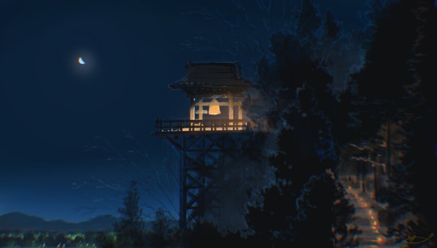 architecture bell chromatic_aberration city_lights east_asian_architecture half_moon highres lens_flare moon night night_sky no_humans original outdoors path procreate_(medium) road scenery sky temple totsu translation_request tree