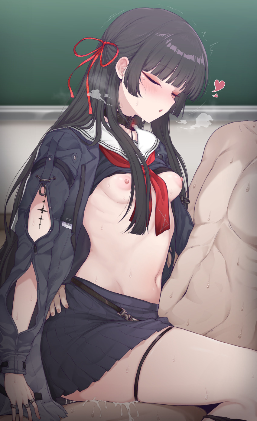 1boy 1girl absurdres afterglow arm_cutout black_choker black_hair black_jacket black_panties black_serafuku black_shirt black_skirt blush breasts breath chalkboard chisa_(wuthering_waves) choker classroom closed_eyes clothes_lift clothing_cutout commentary_request cum from_side girl_on_top hair_ribbon hand_on_another&#039;s_hip heart hetero highres indoors jacket korean_commentary lee_mae_hyang long_hair long_sleeves medium_breasts mole mole_under_eye navel neckerchief nipples open_clothes open_jacket panties panty_pull red_neckerchief red_ribbon ribbon sailor_collar school_uniform serafuku sex shirt shirt_lift skirt stomach straddling sweat tacet_mark_(wuthering_waves) thigh_strap thighs twitching underwear upright_straddle variant_set very_long_hair white_sailor_collar wuthering_waves
