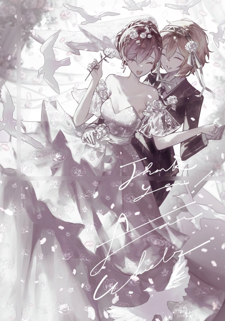 2girls :d aigis_(persona) bare_shoulders bird black_jacket black_necktie black_pants black_suit blonde_hair breasts bridal_veil bride closed_eyes commentary commission commissioner_name couple crossdressing crossdressing_(ftm) dress english_commentary falling_petals female_focus flower formal_clothes full_body gold_hairband groom hair_between_eyes hair_flower hair_ornament hairband hairclip hand_on_another&#039;s_hip highres holding holding_flower holding_hands jacket k1kiwa layered_dress multiple_girls necktie open_mouth pants persona persona_3 persona_3_portable petals red_hair sash see-through_clothes see-through_sleeves shiomi_kotone short_hair small_breasts smile standing suit thank_you veil wedding wedding_dress white_bird white_dress white_flower white_petals white_sash white_theme wife_and_wife yuri