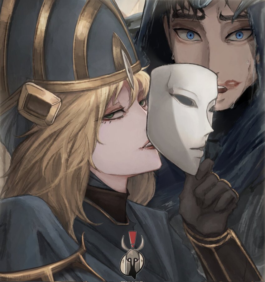 ! 1boy 1girl artorias_the_abysswalker black_gloves black_hair blonde_hair blue_eyes commentary corrupted_twitter_file dark_souls_(series) dark_souls_i english_commentary gloves green_eyes hetero highres lipstick_mark long_hair looking_at_viewer lord&#039;s_blade_ciaran mask open_mouth red_lips satsu-strive sideways_glance surprised sweat wide-eyed