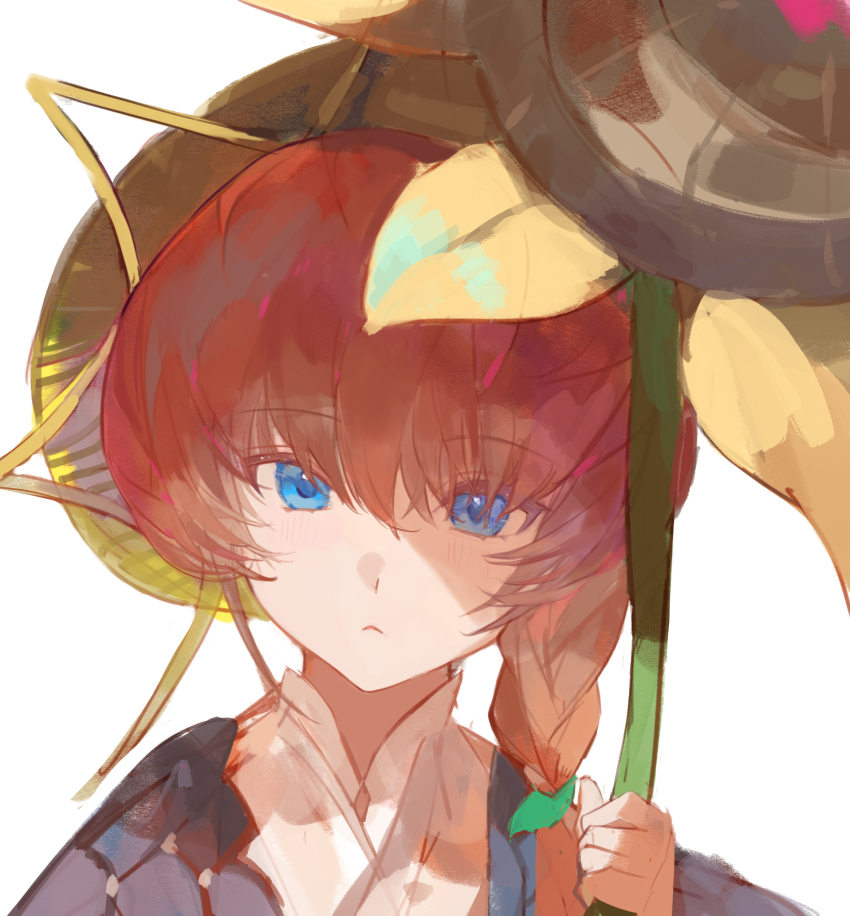 1girl blue_eyes braid crown_braid fate/grand_order fate_(series) flower fui_(fui29493452) hat highres long_hair long_sleeves looking_at_viewer orange_hair side_braid solo straw_hat sunflower van_gogh_(fate) van_gogh_(first_ascension)_(fate) yellow_hat