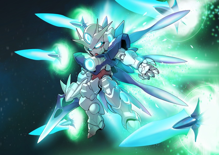 00_qan[t] absurdres bit_(gundam) blade blue_eyes chibi claws dagger dated_commentary els funnels_(gundam) glowing glowing_eyes gundam gundam_00 gundam_00_a_wakening_of_the_trailblazer highres holding holding_weapon jamadhar knife light_particles mecha mobile_suit no_humans portal_(object) robot sd_gundam solo v-fin weapon zakuma