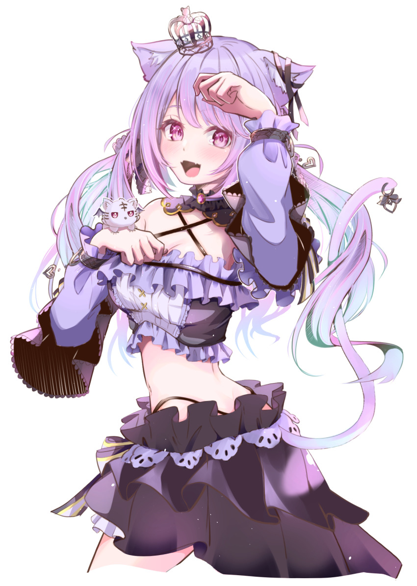 1girl animal_ears black_collar black_ribbon black_shirt black_skirt blush bow breasts cat_ears cleavage collar commentary_request cowboy_shot criss-cross_halter crop_top crown detached_collar detached_sleeves ear_ribbon fangs frilled_shirt frills futatsumuji halterneck highres ina_uruu long_hair looking_at_viewer looking_to_the_side low_twintails medium_breasts midriff mini_crown multicolored_hair nanashi_inc. navel open_mouth paw_pose pink_eyes pink_hair purple_hair purple_sleeves ribbon shirt simple_background skirt smile solo tail tail_ornament transparent_background twintails two-tone_hair virtual_youtuber