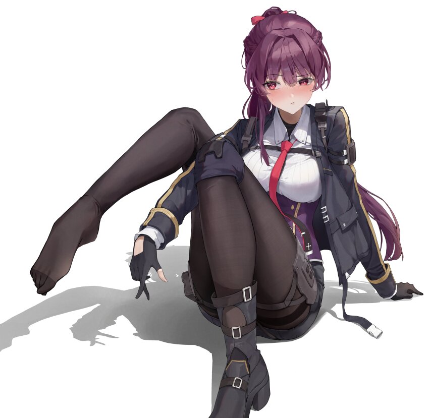 1girl absurdres arm_support auua black_boots black_gloves black_jacket black_necktie black_pantyhose blush boots breasts closed_mouth collared_shirt commentary corset english_commentary full_body girls&#039;_frontline girls&#039;_frontline_2:_exilium gloves hair_ribbon highres jacket makiatto_(girls&#039;_frontline_2) necktie pantyhose partially_fingerless_gloves purple_corset purple_hair red_eyes red_necktie red_ribbon ribbon shirt simple_background single_boot solo two-tone_necktie wa2000_(girls&#039;_frontline) white_background white_shirt