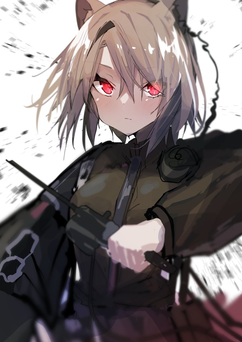 1girl absinthe_(arknights) absurdres animal_ears arknights arm_up bear_ears blurry blush breasts brown_hair brown_jacket closed_mouth earpiece hair_between_eyes highres holding holding_weapon jacket kamiya_mitobe long_sleeves looking_at_viewer medium_breasts red_eyes short_hair simple_background solo upper_body weapon white_background