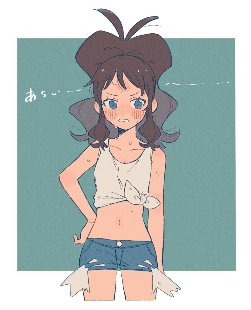 1girl bare_shoulders blue_eyes blush breasts brown_hair crop_top cropped_shirt cutoffs denim denim_shorts high_ponytail highres hilda_(pokemon) hime_(himetya105) long_hair looking_at_viewer midriff navel nintendo open_mouth pokemon pokemon_bw ponytail shirt short_shorts shorts sidelocks simple_background solo sweat sweatdrop tank_top teeth white_shirt white_tank_top