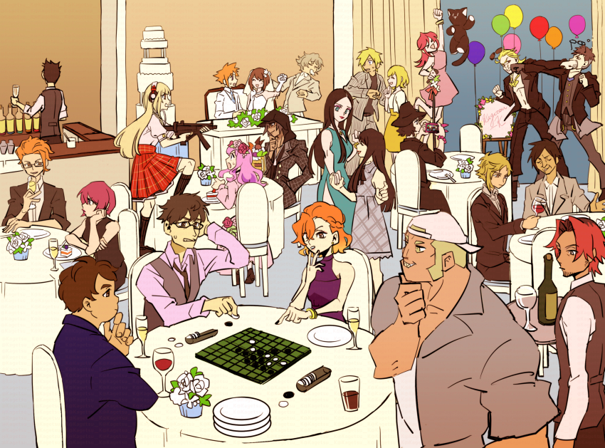 6+boys 6+girls anazawa_motoi atarashi_coco ayano_(ntwewy) backwards_hat balloon baseball_cap bito_daisukenojo bito_raimu board_game bottle bridal_veil cake cake_slice cellphone champagne_flute crosscounter cup double_face_punch dress drinking_glass eri_(twewy) everyone face_punch fighting flower food fork fuya_(ntwewy) glasses hanekoma_sanae hat headphones highres hishima_(ntwewy) in_the_face kaichi_susuki kaie_(ntwewy) kamachi_ayano kanon_(ntwewy) kariya_koki kawahara kawahara_fuuya kiryu_yoshiya kubo_(ntwewy) kubou_tanzou matsunae_tsugumi mikagi_hazuki minamimoto_sho misaki_shiki miyakaze_shiiba motoi_(ntwewy) multiple_boys multiple_girls nyantan ono_kaie phone plant plate plate_stack potted_plant punching reversi rose ryouji_(subaseka) sakazuki_hishima sakuraba_neku sakurane_shoka shiba_(ntwewy) shin_subarashiki_kono_sekai smartphone subarashiki_kono_sekai susukichi_(ntwewy) table tablecloth tachibana_kanon veil wedding wedding_cake wedding_dress white_flower white_headwear white_rose wine_bottle wine_glass yashiro_uzuki
