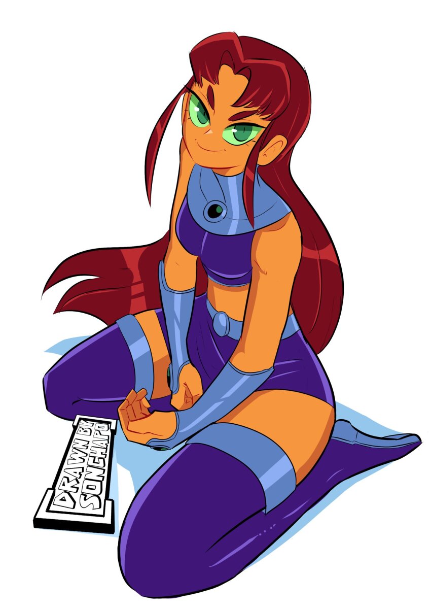 1girl artist_name boots bracer colored_sclera colored_skin crop_top dc_comics english_text green_eyes green_sclera highres kneeling long_hair midriff orange_skin parted_bangs purple_boots purple_shirt purple_skirt red_hair shirt sidelocks skirt sleeveless smile solo sonchapo starfire teen_titans teen_titans_(tv_series) thigh_boots watermark