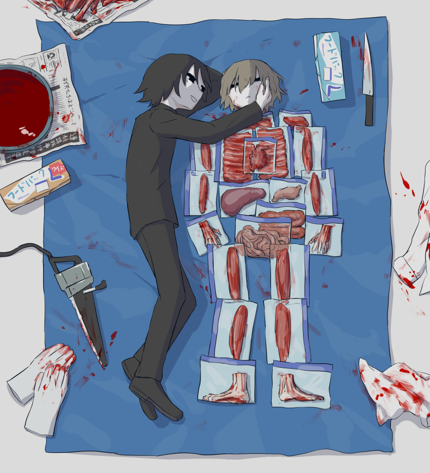 1boy absurdres avogado6 black_eyes black_hair black_jacket black_pants blood blood_on_clothes blood_splatter brown_hair bucket_of_blood commentary corpse death dismemberment empty_eyes gakuran gloves guro hand_saw head heart_(organ) highres intestines jacket kidnapper_(avogado6) knife liver lungs murder newspaper organs original pants plastic_wrap rubber_gloves plastic_wrap saw school_uniform severed_head severed_limb short_hair stomach_(organ) stroking_cheek tsurime white_gloves