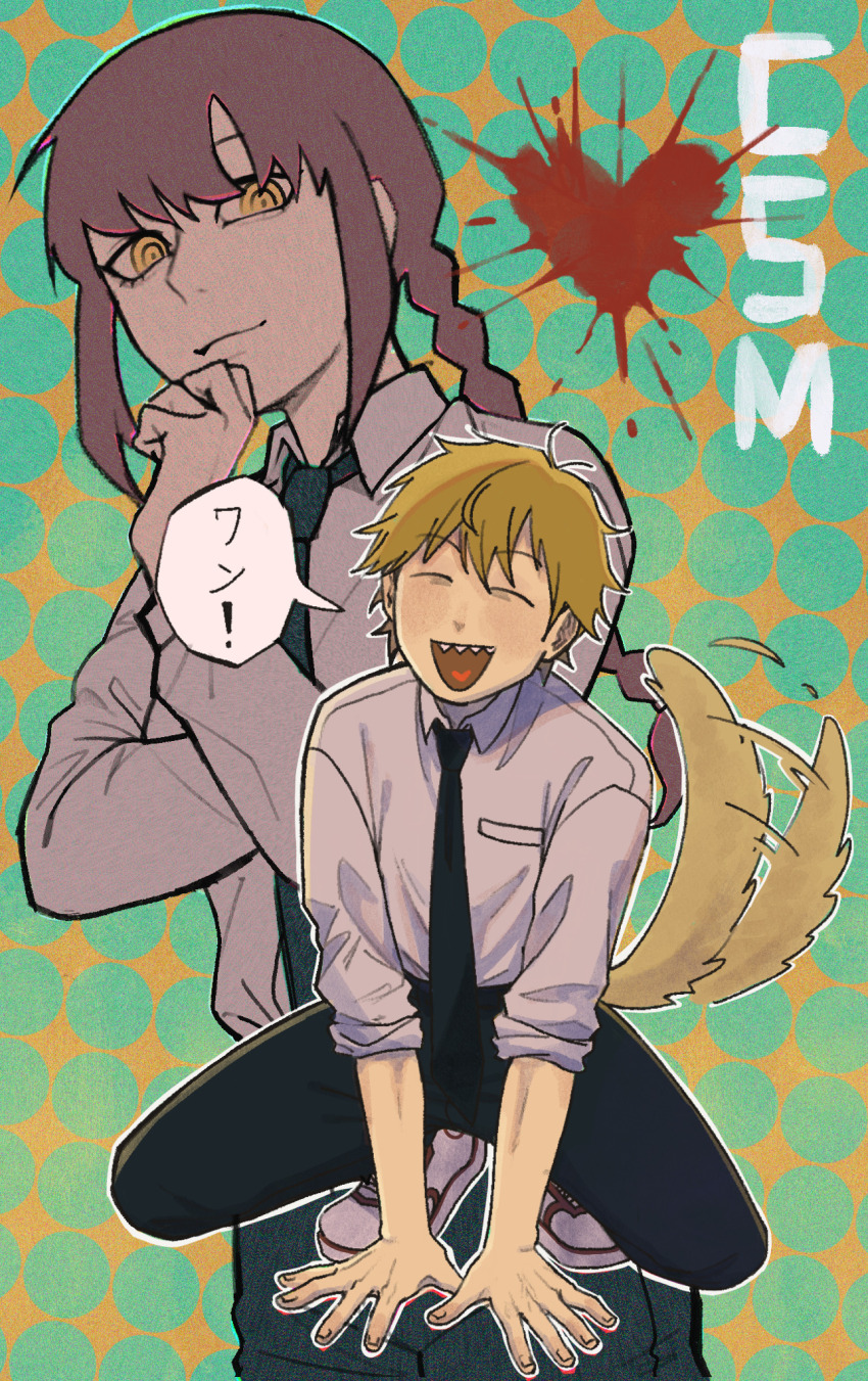 1boy 1girl acronym black_necktie black_pants blonde_hair blood blood_splatter braid breast_pocket chainsaw_man closed_eyes collared_shirt denji_(chainsaw_man) dog_tail hand_on_own_chin heart highres long_hair makima_(chainsaw_man) minominoks necktie pants pocket red_hair sharp_teeth shirt shirt_tucked_in shoes short_hair sleeves_rolled_up speech_bubble spread_legs tail tail_wagging teeth white_shirt white_shoes yellow_eyes