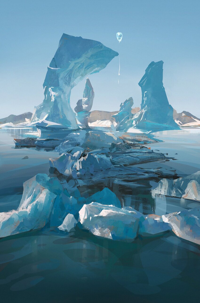 1girl black_boots black_hat blue_capelet blue_dress blue_sky boots capelet commentary day dress faceless faceless_female from_side full_body glacier hat highres hunched_over iceberg liang_mark long_dress long_hair long_sleeves ocean old old_woman original outdoors scenery sky solo symbol-only_commentary water_drop white_hair
