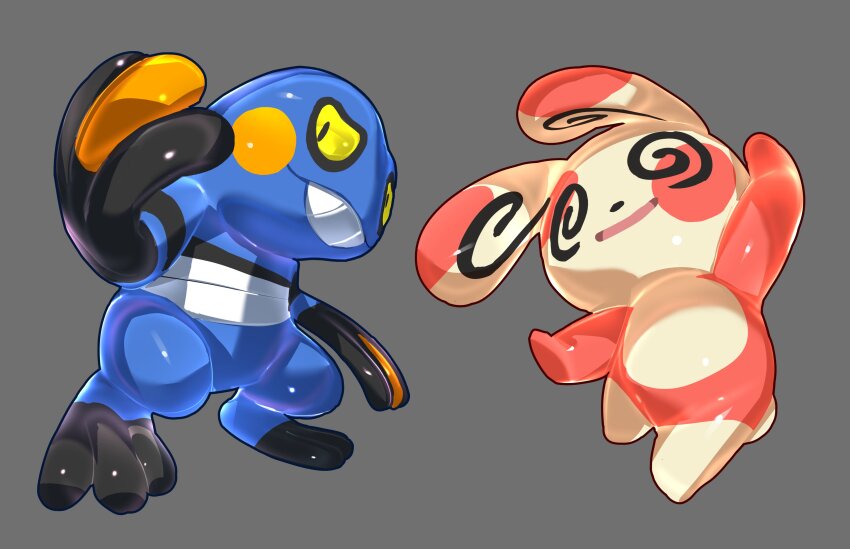 @_@ absurdres bluegeyko croagunk dot_nose full_body gen_3_pokemon gen_4_pokemon grey_background grin highres looking_to_the_side nintendo no_humans open_mouth outstretched_arms pokemon pokemon_(creature) pokemon_focus shiny_skin sideways_glance smile spinda standing teeth yellow_eyes
