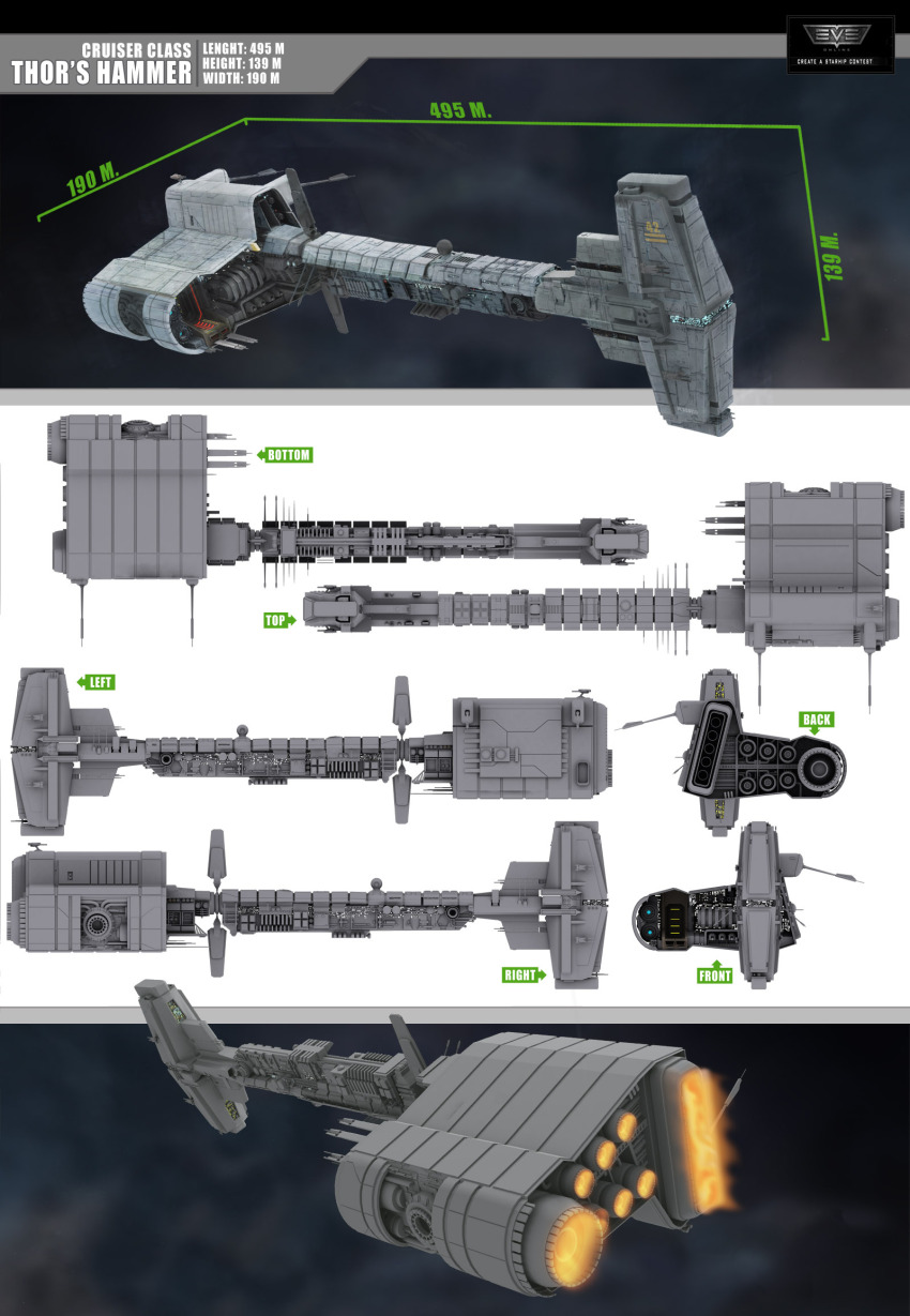 3d abbadonfix battlecruiser_(eve_online) caldari_state_(eve_online) reference_sheet commentary concept_art copyright_name eve_online flying from_side glowing highres logo machinery military_vehicle multiple_views no_humans original radio_antenna realistic science_fiction spacecraft thrusters vehicle_focus