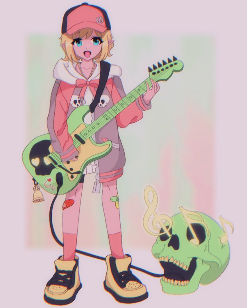 1girl bandaid bandaid_on_leg bell bito_raimu blonde_hair blue_eyes female_focus full_body guitar highres holding holding_instrument hood hooded_jacket instrument jacket joshuathefruit looking_at_viewer multicolored_jacket open_mouth pointy_ears shin_subarashiki_kono_sekai skull skull_print smile solo standing subarashiki_kono_sekai two-tone_headwear two-tone_jacket